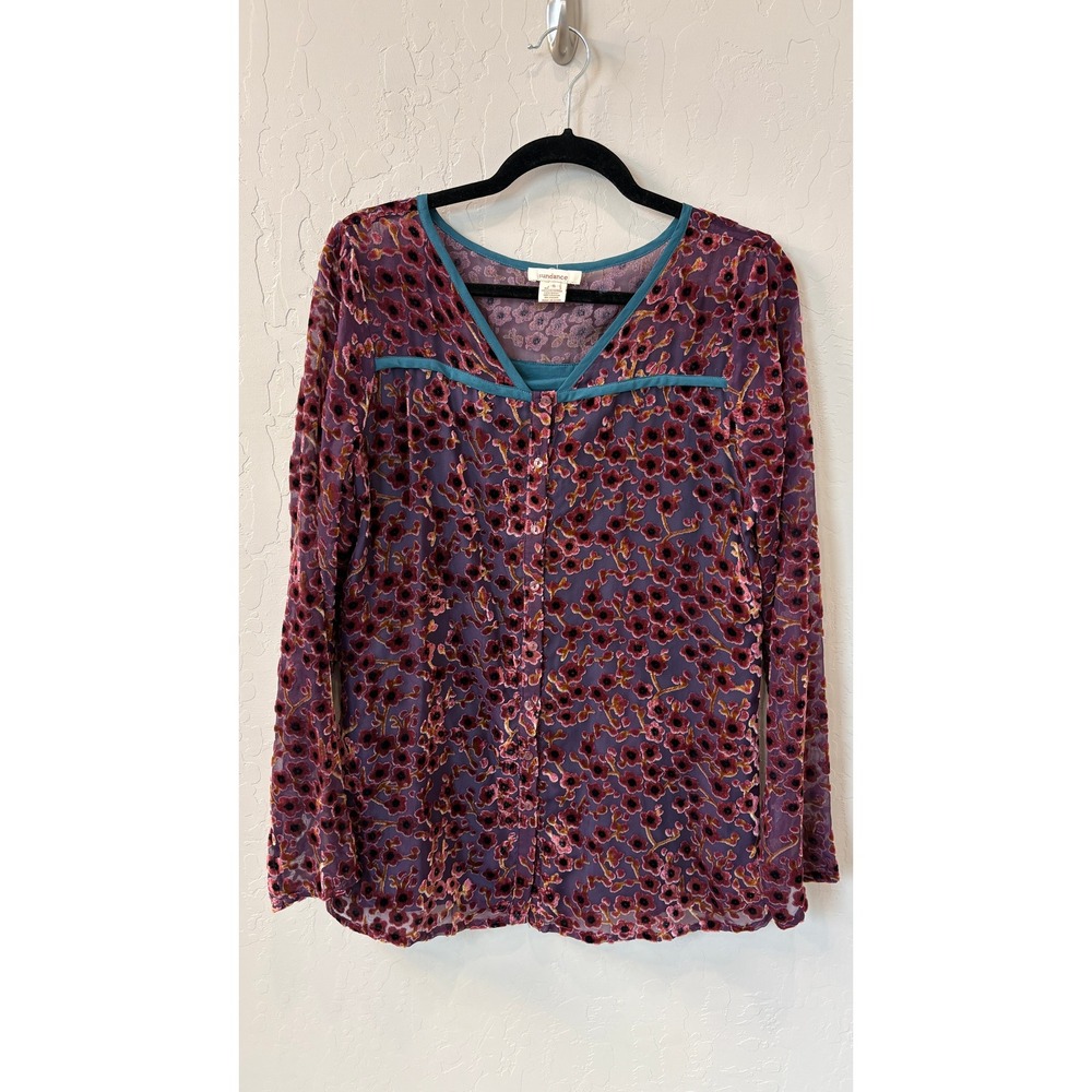 Sundance Purple Floral Burnout Velvet Sheer Button Front Blouse Sz S Boho V-Neck
